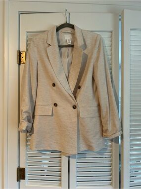 H&M Neutral Oatmeal Blazer Double Breasted Notched Lapel Linen Viscose Work XS